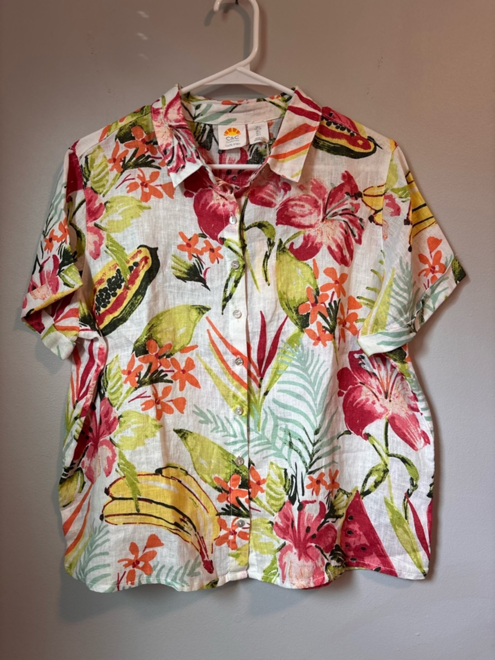 C&C California Tropical Floral Button-Down Top - Pink, Green & Yellow